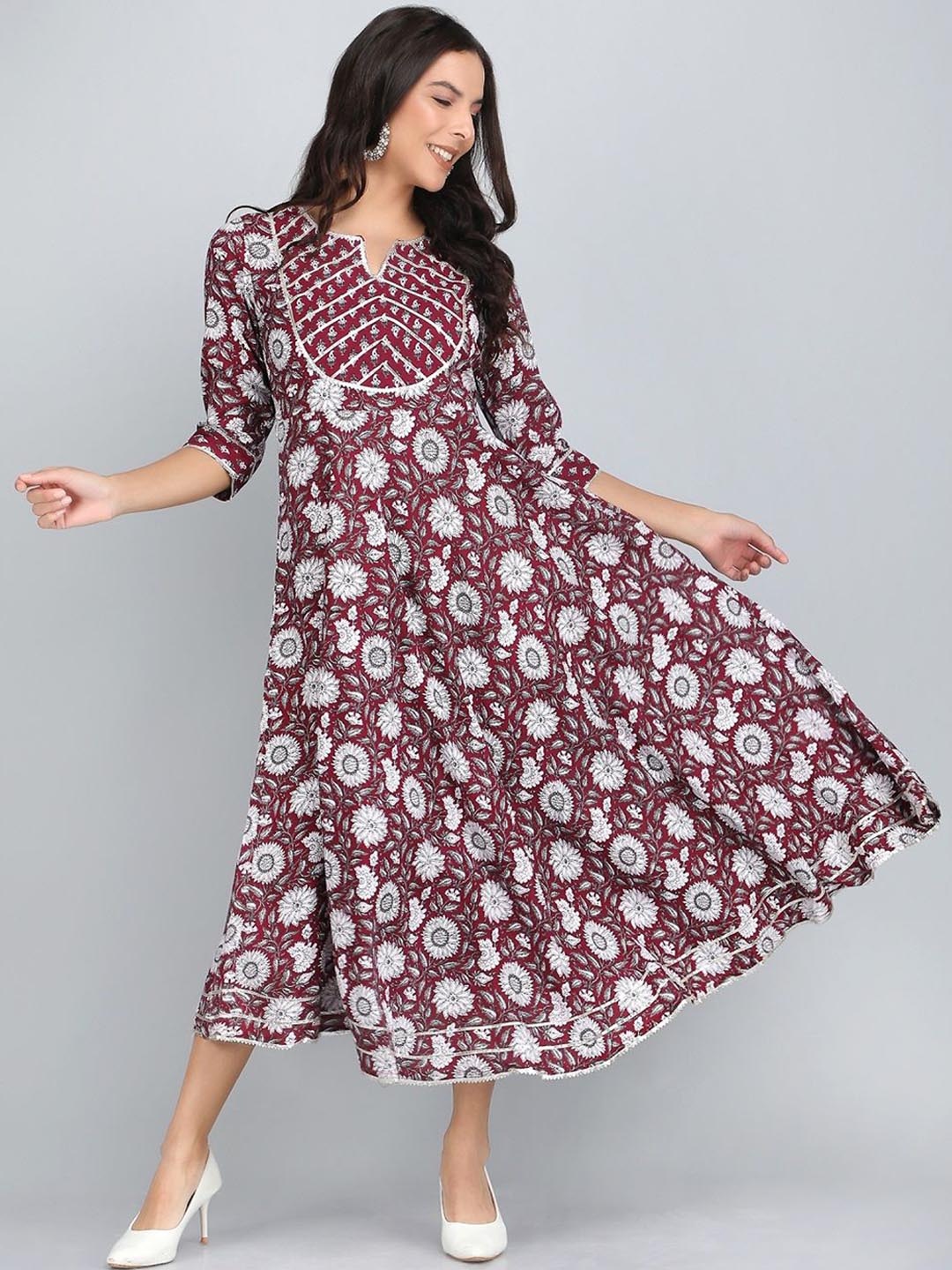 

Rubellite Floral Printed Notch Neck A Line Dress, Maroon