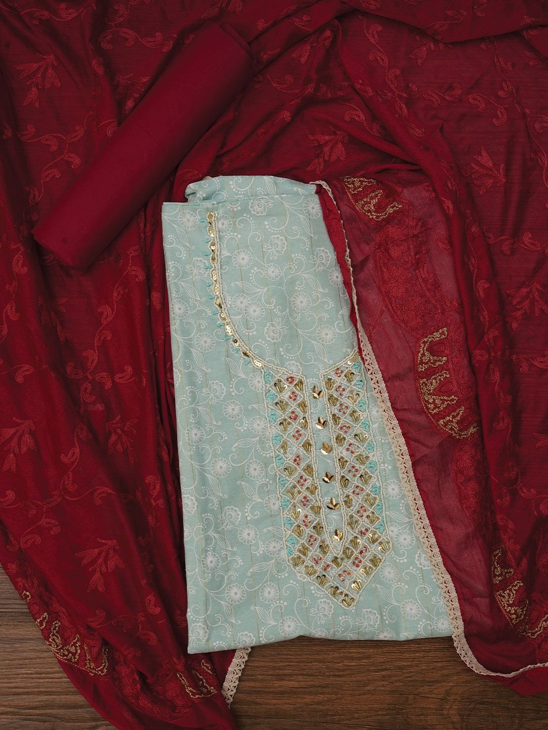 

Jaipur Kurti Zari Embroidered Cotton Dress Material with Dupatta, Sea green