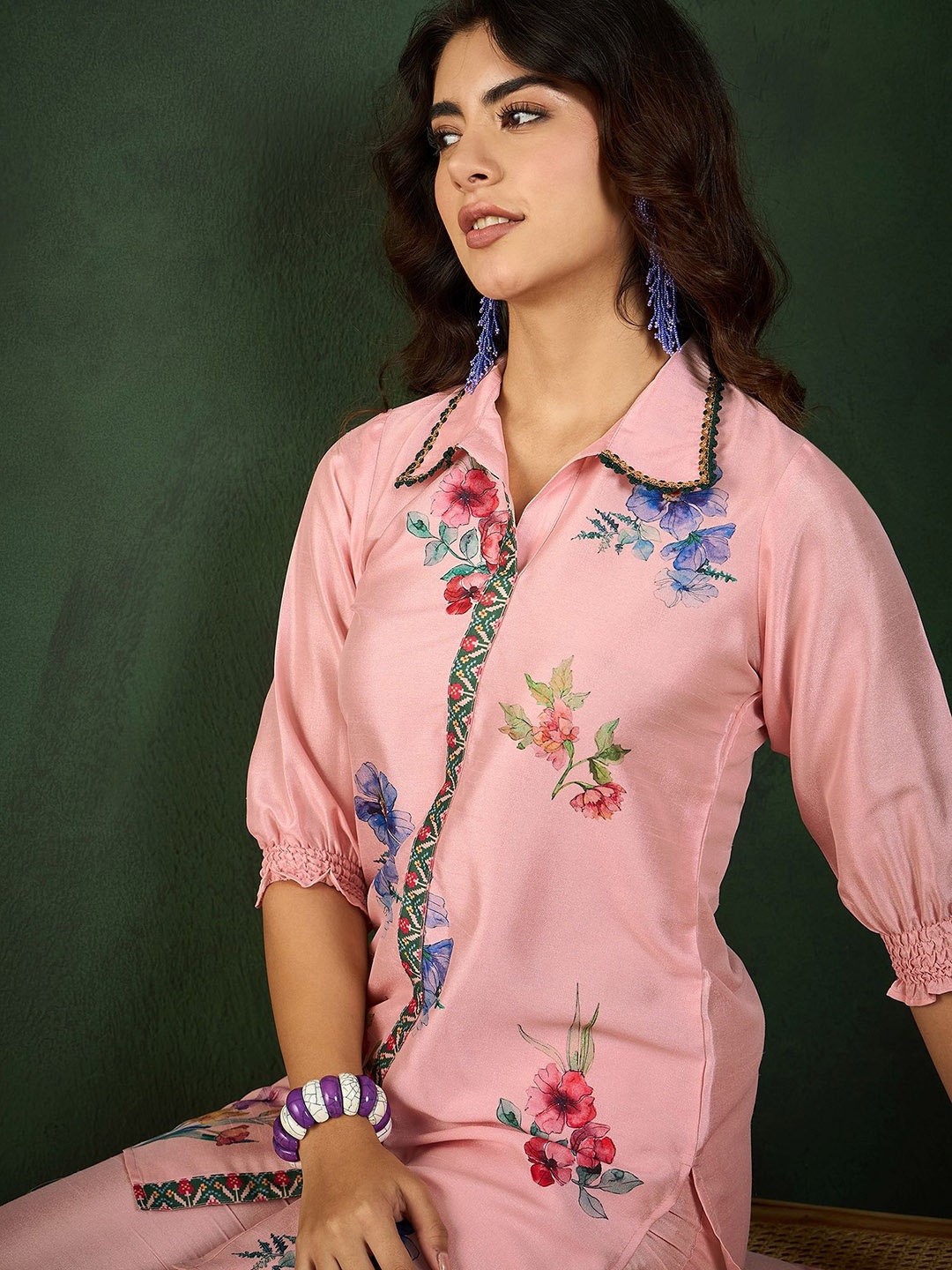 

Sangria Floral Printed Tunic With Trouser, Pink