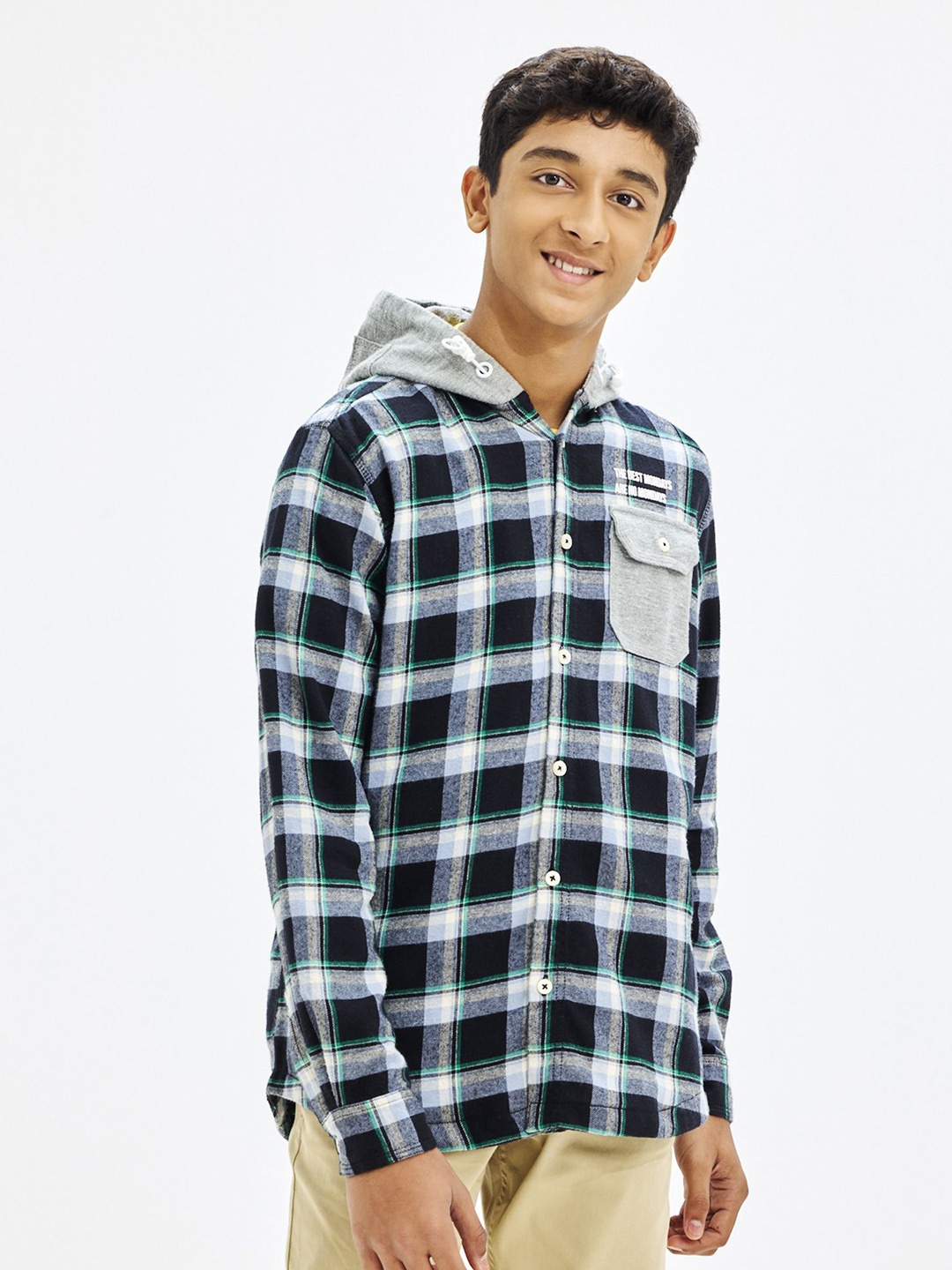

NO MONDAYS Boys Relaxed Hood Checked Cotton Casual Shirt, Black