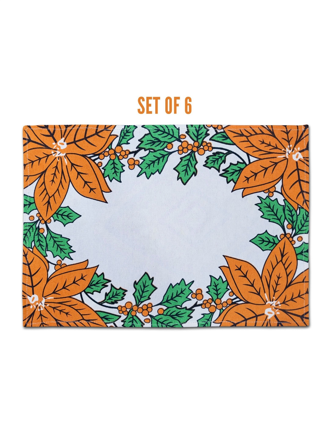 

ANA Orange-Coloured & Green 6 Pieces Floral Cotton Rectangle Table Placemats