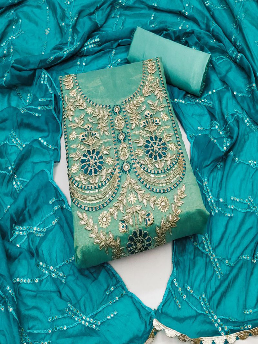 

ASISA Floral Embroidered Beads and Stones Organza Unstitched Dress Material, Turquoise blue