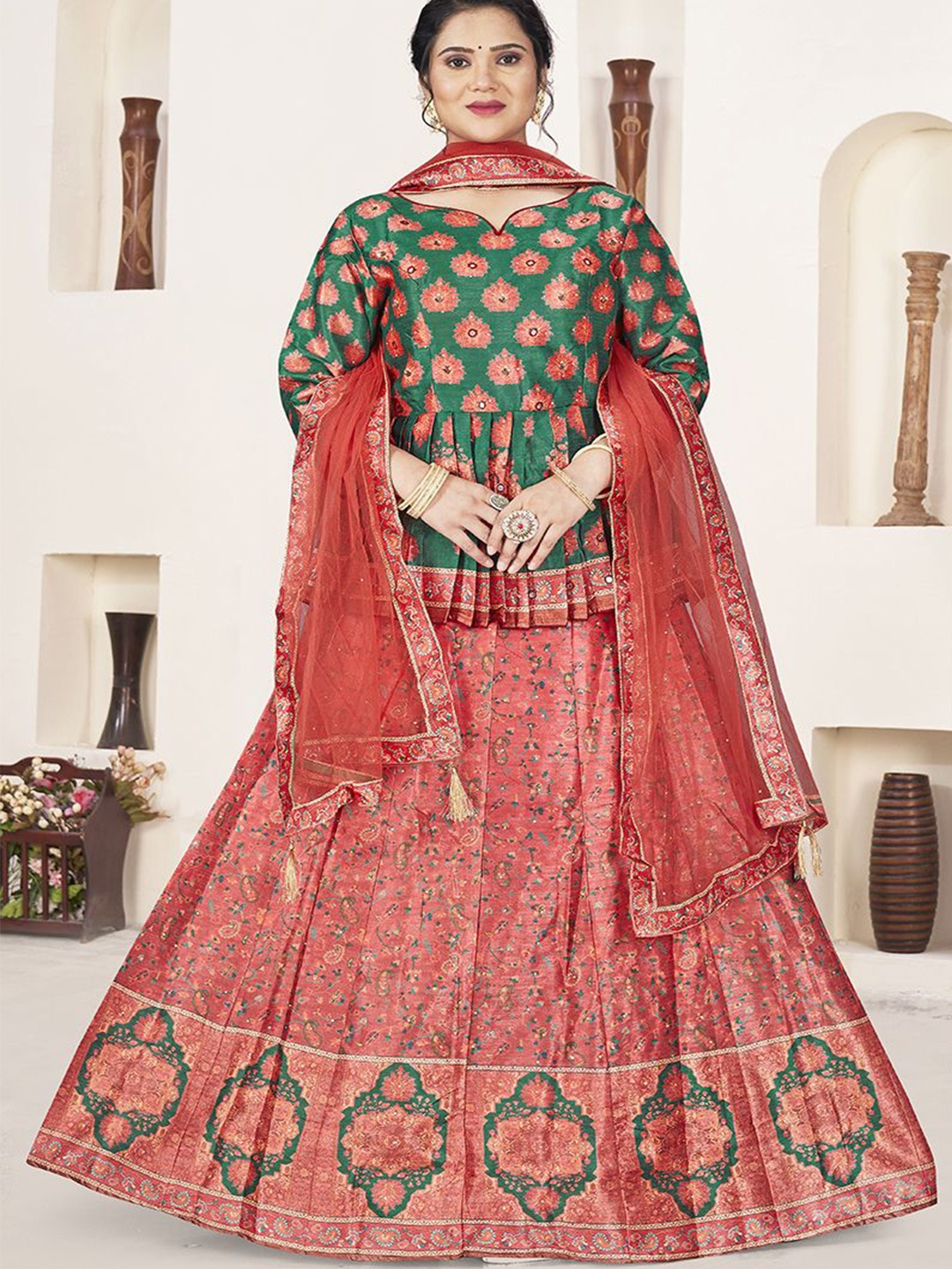 

Krimmple Printed Ready To Wear Lehenga & Blouse With Dupatta, Red