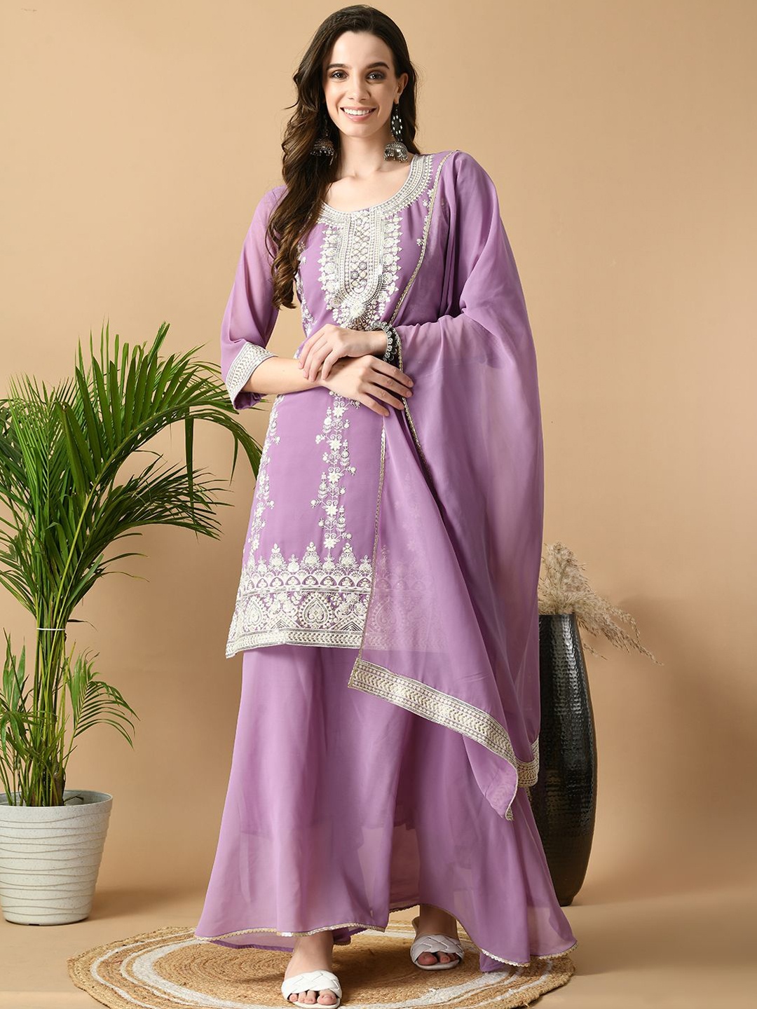 

Sangria Floral Embroidered Thread Work Kurta with Skirt & Dupatta, Purple