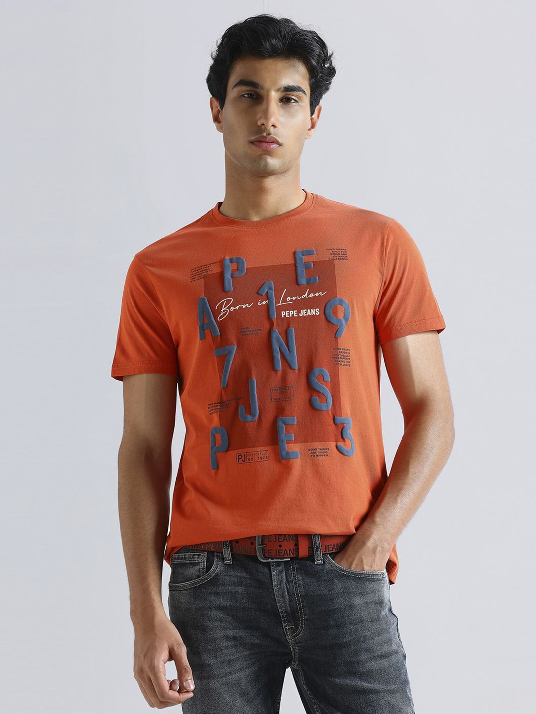 

Pepe Jeans Men Typography Printed Round Neck Pure Cotton Slim Fit T-shirt, Orange