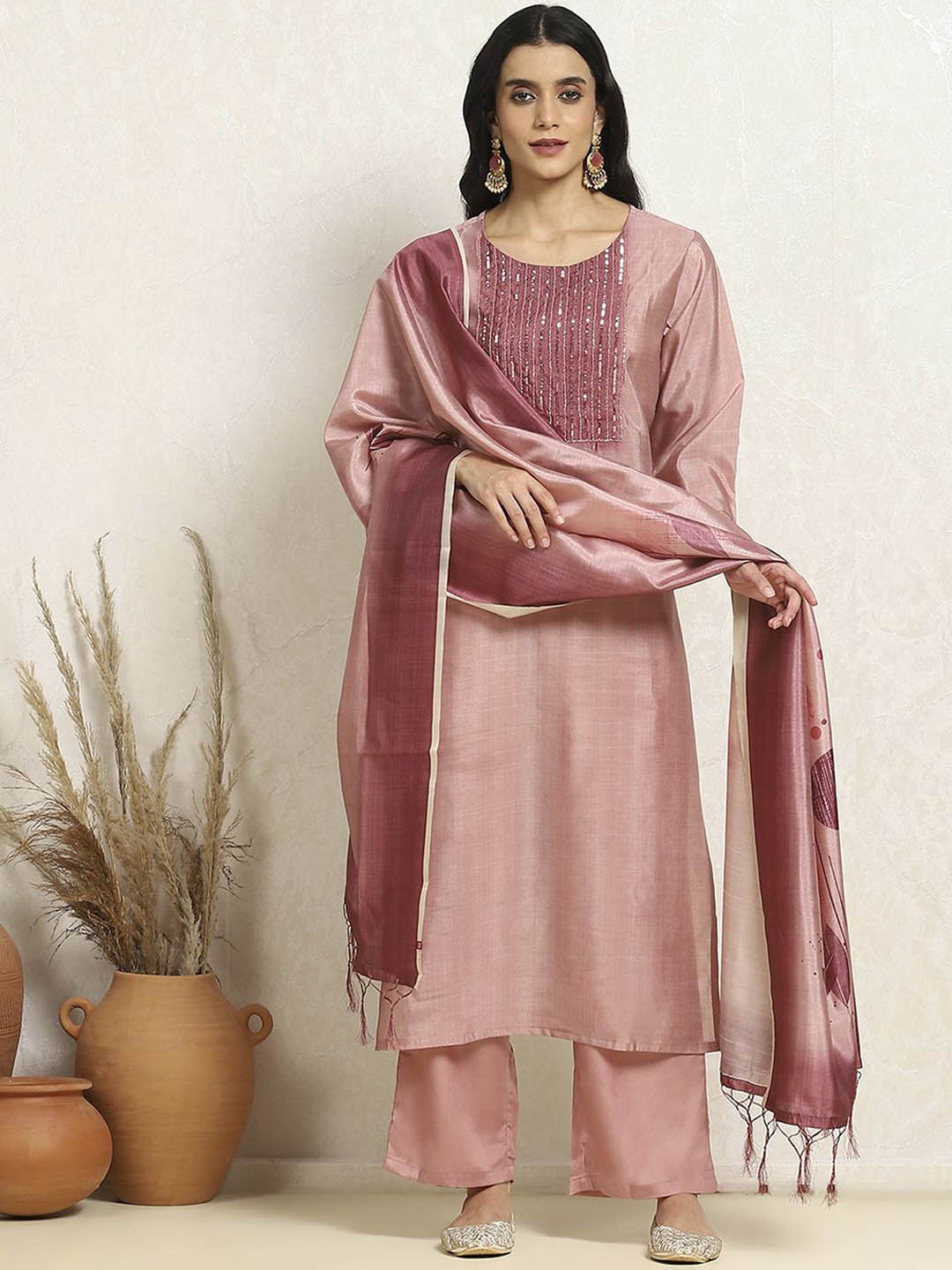 

Biba Embroidered Yoke Design Sequinned Unstitched Dress Material, Pink