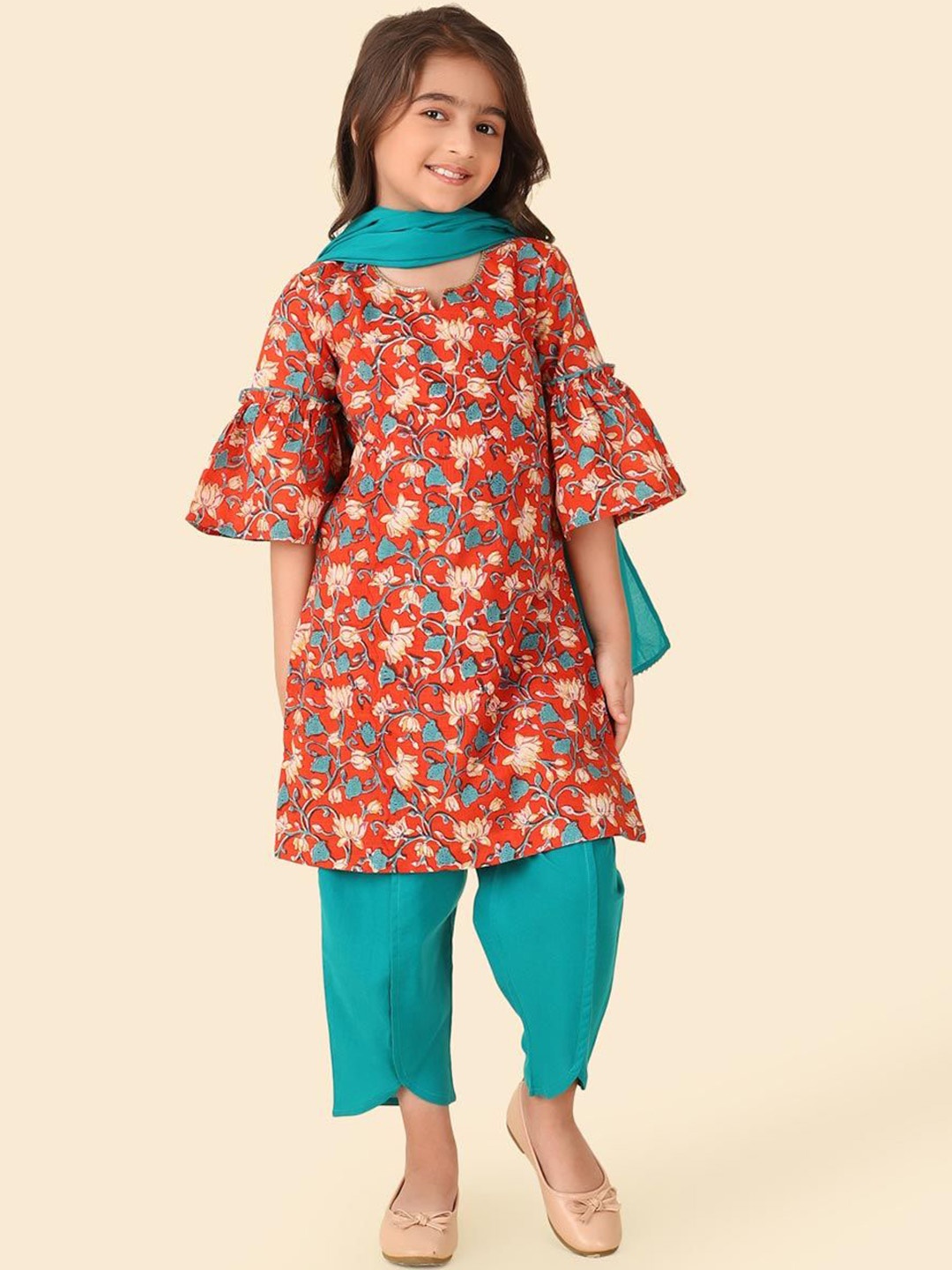

Fabindia Girls Floral Printed Pure Cotton A-Line Kurta With Salwar & Dupatta, Rust
