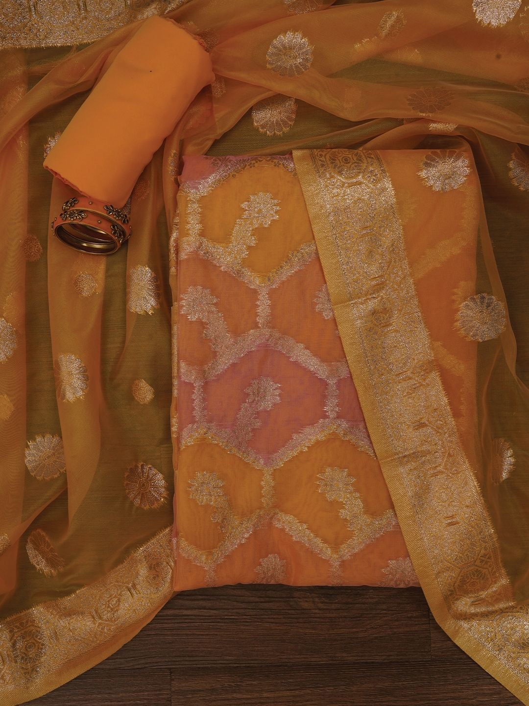 

Jaipur Kurti Unstitched Zari Woven Organza Dress Material With Dupatta, Orange