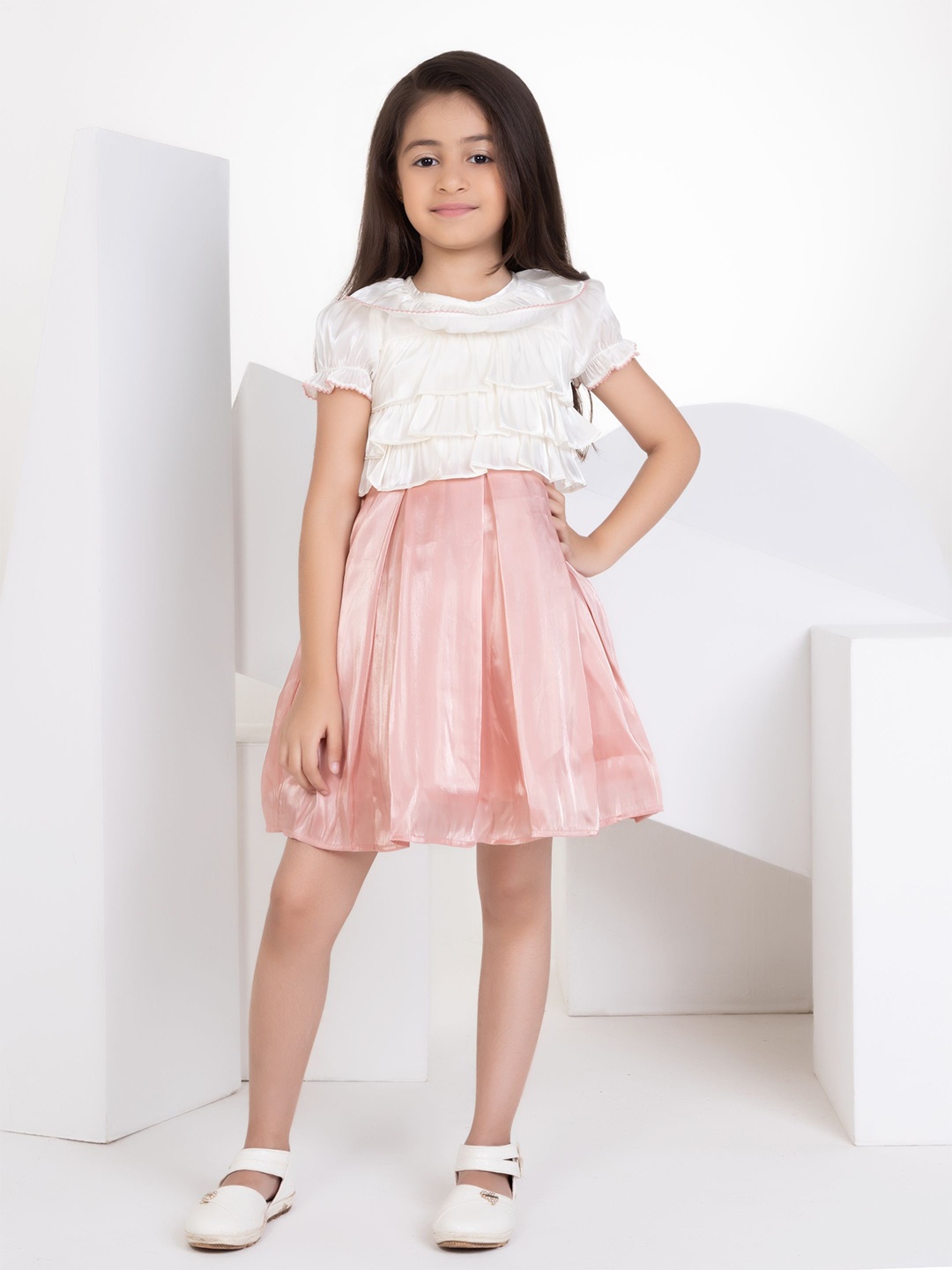 

Peppermint Girls Puff Sleeves Fit and Flare Dress, Peach