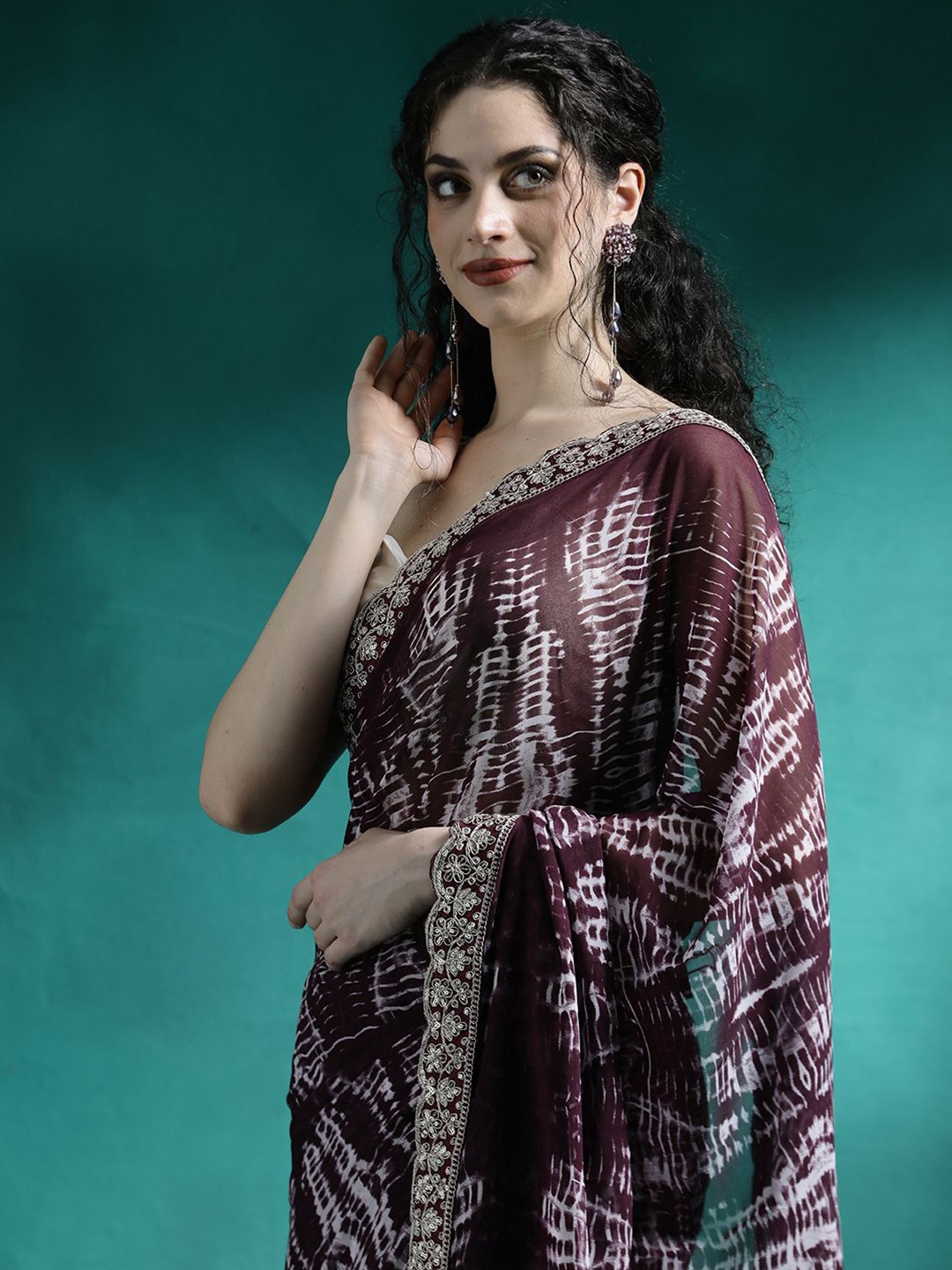 

Sangria Tie and Dye Printed Sequinned Embroidered Sarees, Brown