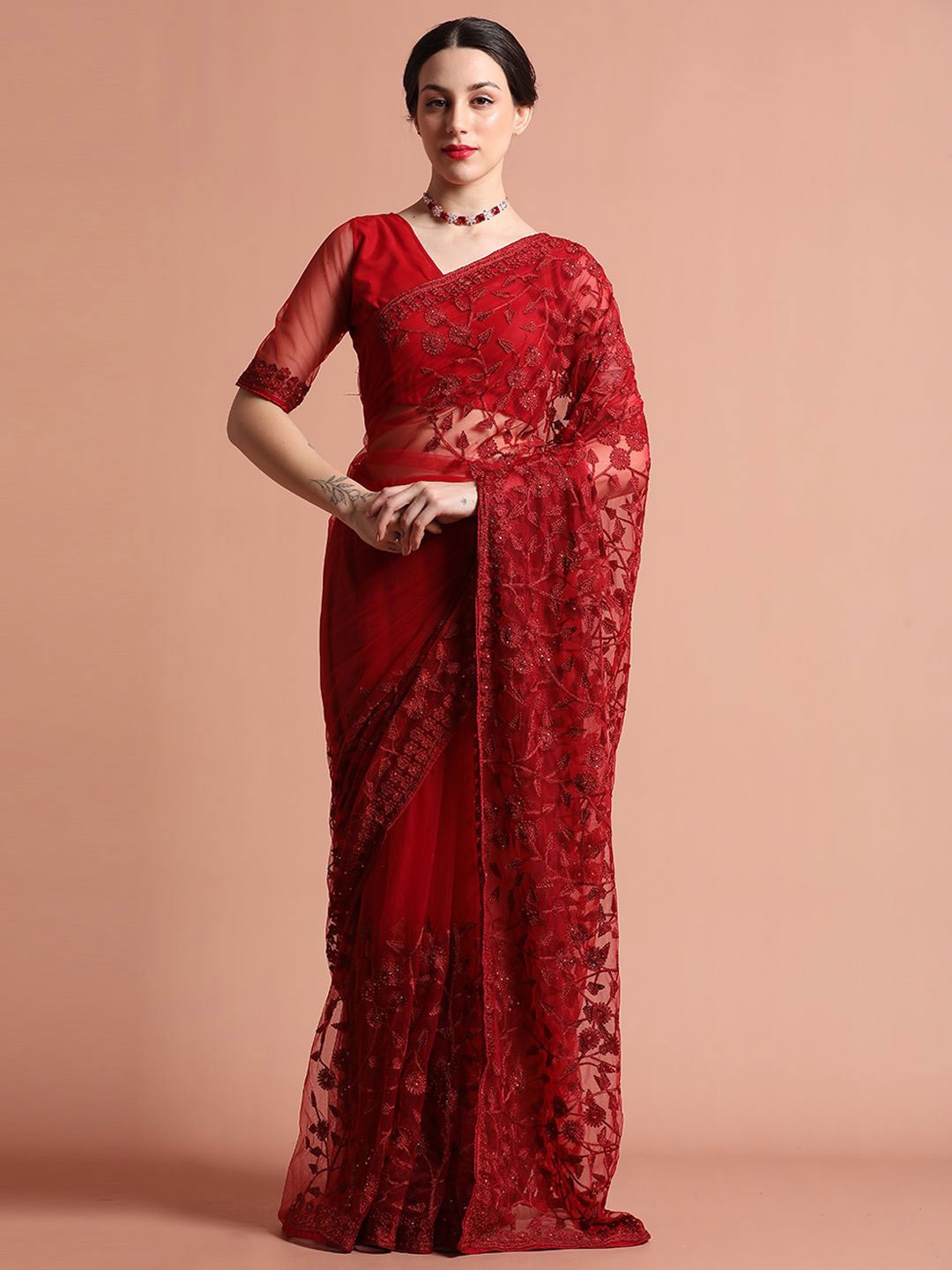 

Jaipur Kurti Party Wear Floral Embroidered Net Saree, Maroon