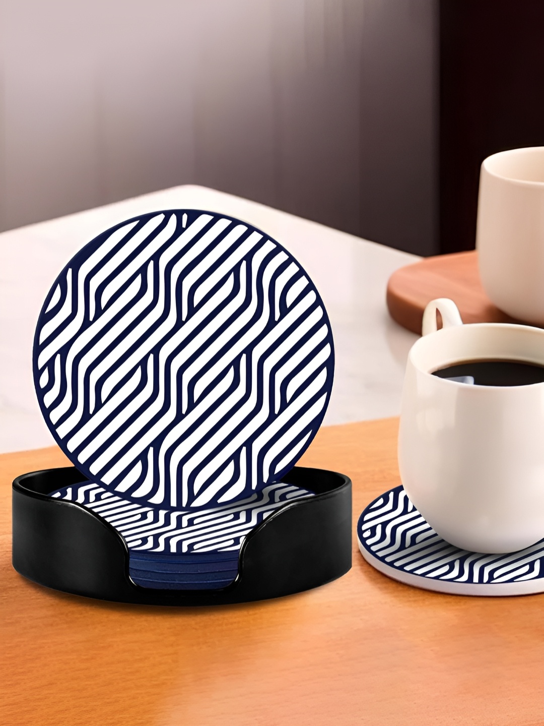 

Ekhasa White & Navy Blue 6 Pieces Printed Silicone Coasters With Holder