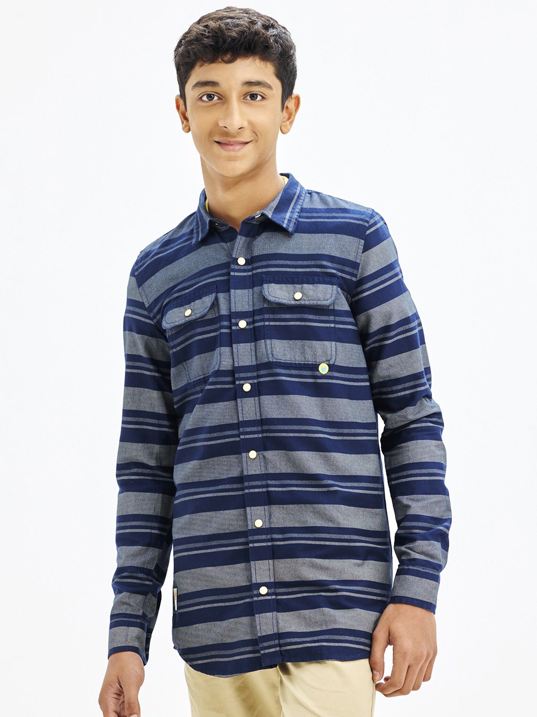 

NO MONDAYS Boys Relaxed Spread Collar Striped Cotton Casual Shirt, Navy blue