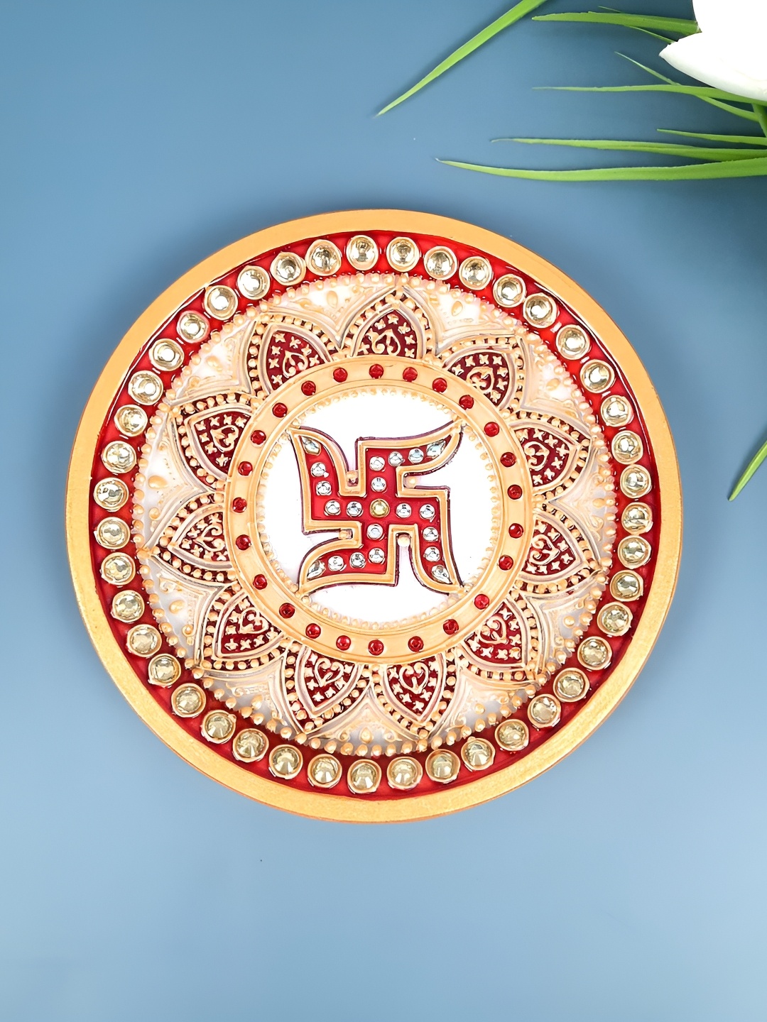 

apka mart Yellow & Red Swastik Textured Marble Aarti Thali