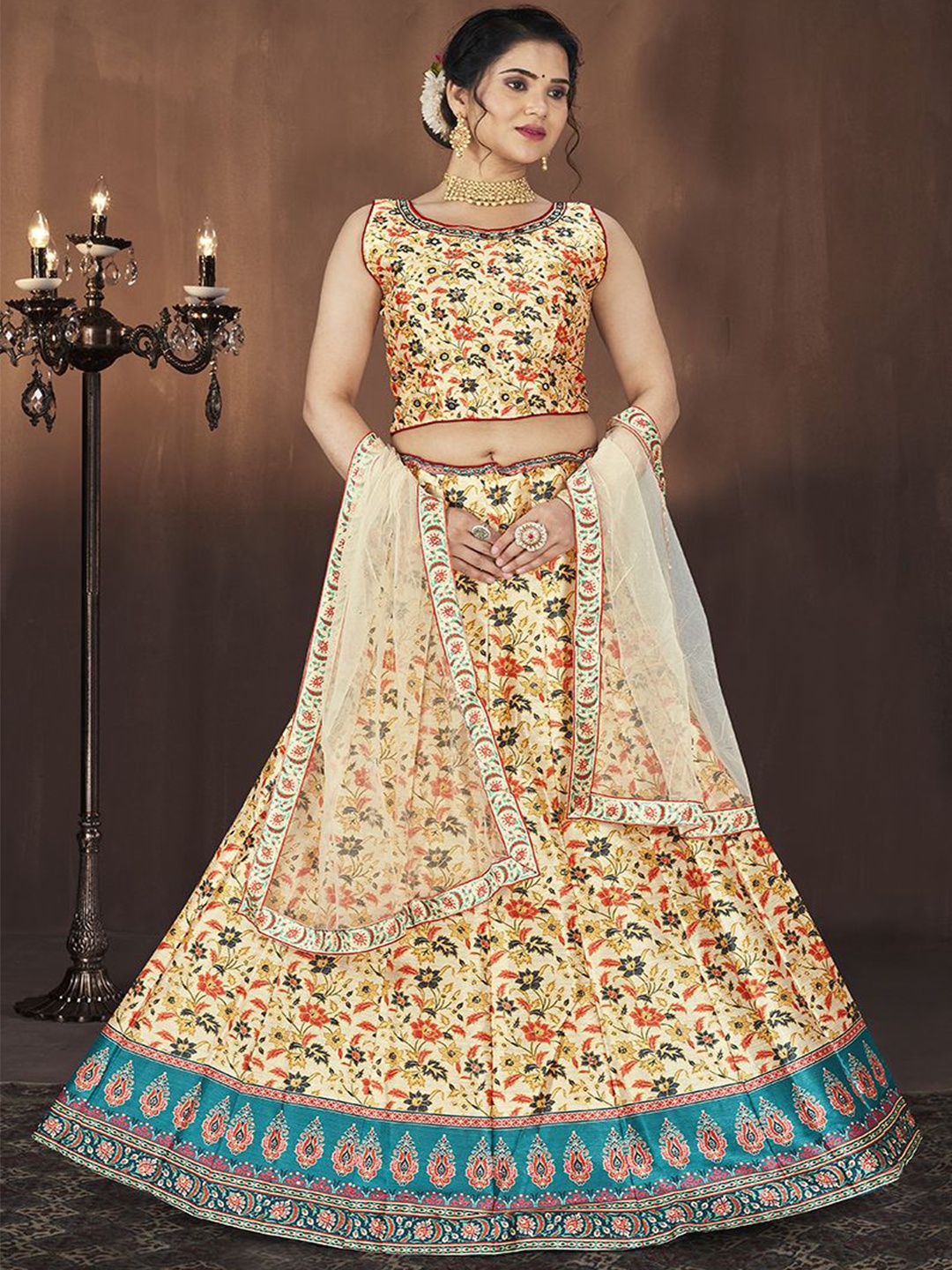 

Krimmple Printed Beads and Stones Ready to Wear Lehenga & Blouse With Dupatta, Yellow