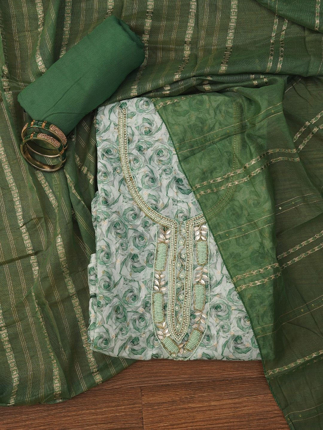 

Jaipur Kurti Unstitched Embellished Cotton Blend Dress Material with Dupatta, Green