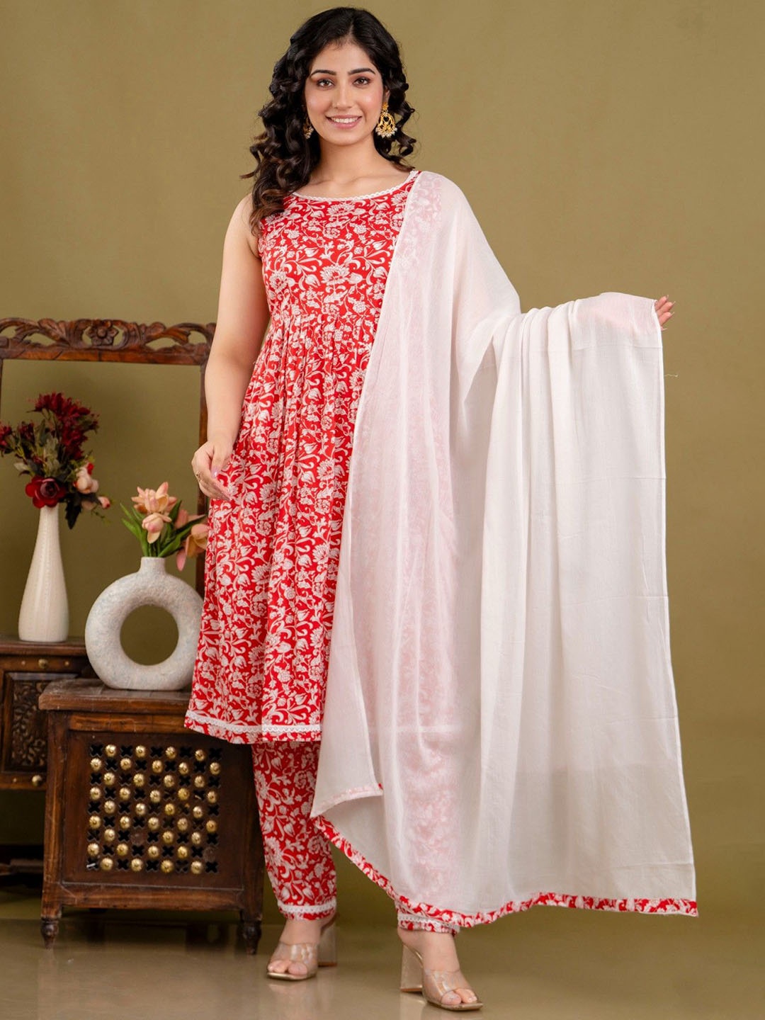 

KALINI Floral Printed Sleeveless Anarkali Kurta With Trousers & Duppatta, Red