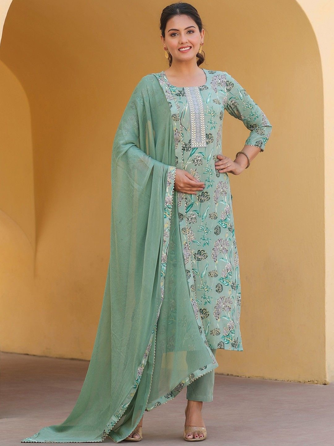

Anni Designer Floral Printed Regular Straight Kurta with Trousers & Dupatta, Green