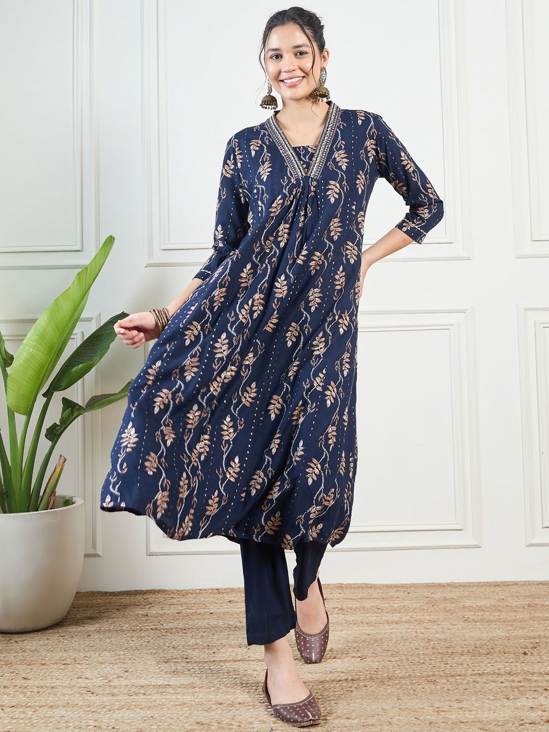 

KALINI Floral Printed Thread Work A-Line Kurta With Palazzos & Dupatta, Navy blue