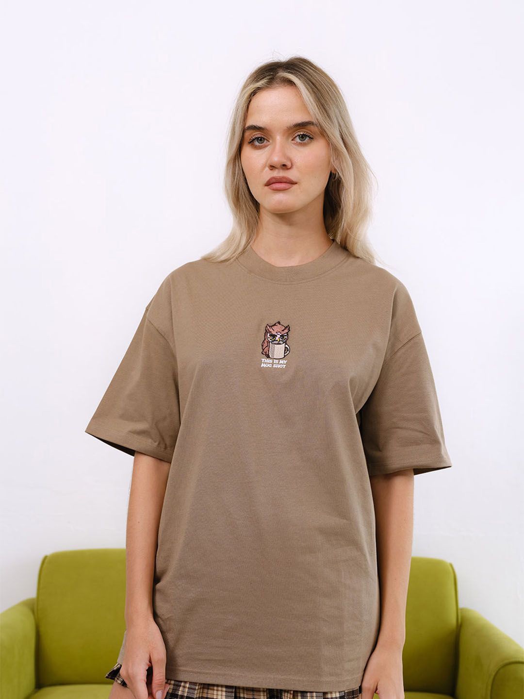 

Bonkers Corner Women Graphic Printed Round Neck Cotton Oversized T-shirt, Brown