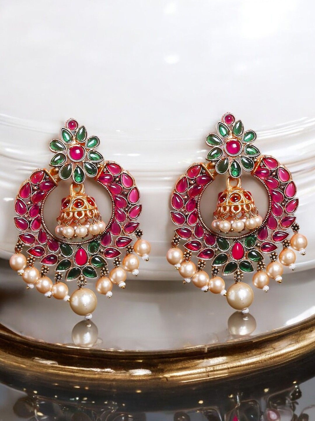 

Anouk Floral Stones & Pearl Studded Chandbalis, Pink