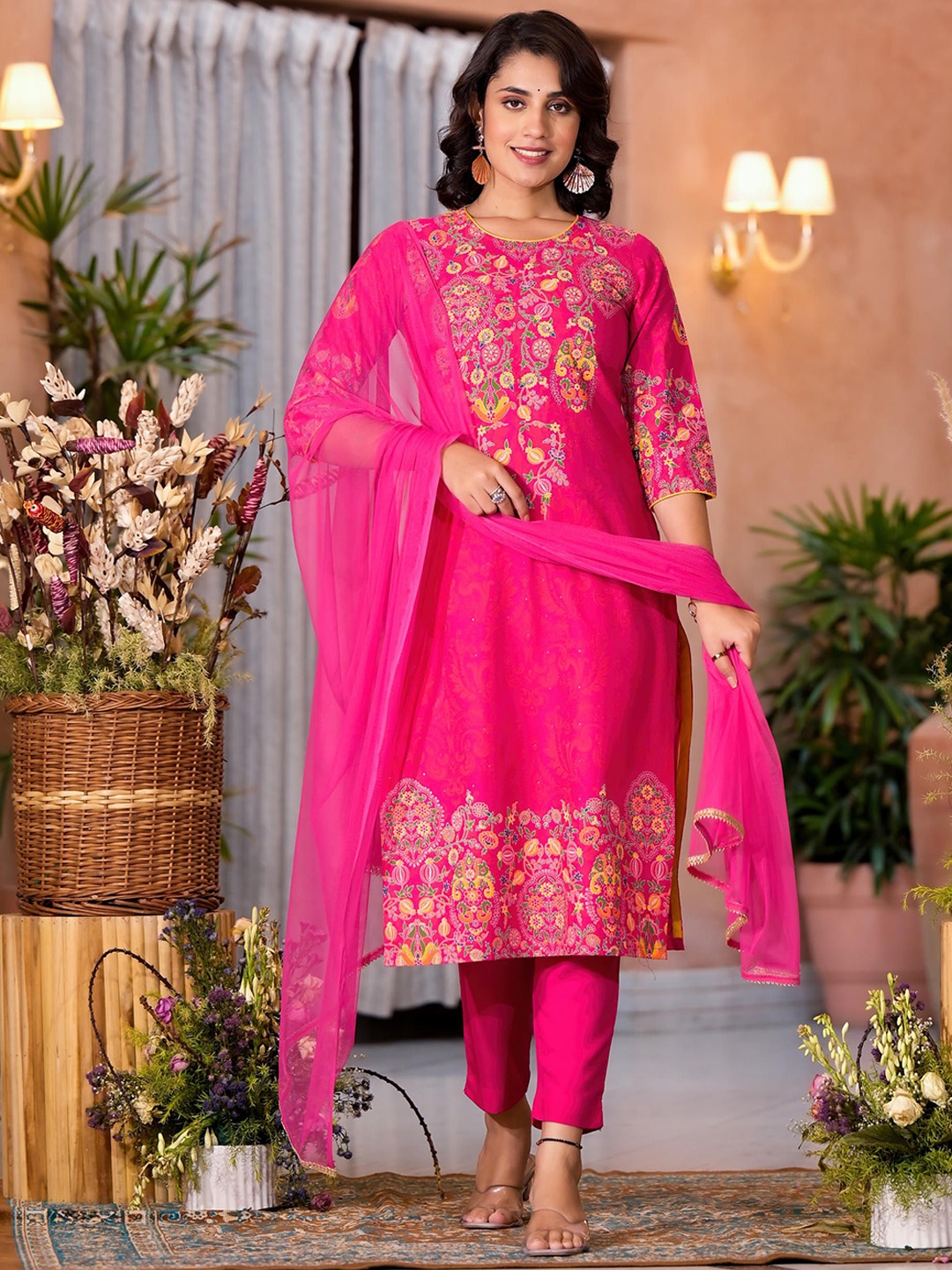 

Juniper Floral Embroidered Thread Work Liva Straight Kurta With Trousers & Dupatta, Pink