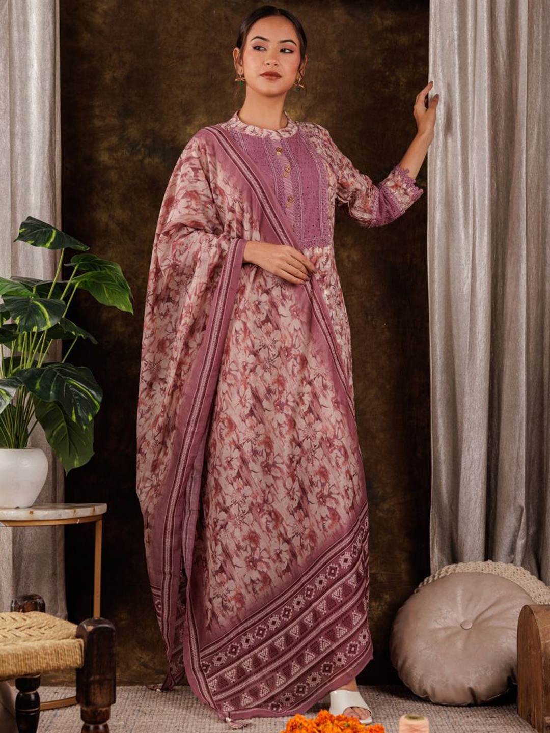 

Yufta Purple Floral Embroidered schiffli Pure Cotton Kurta With Trousers & Dupatta