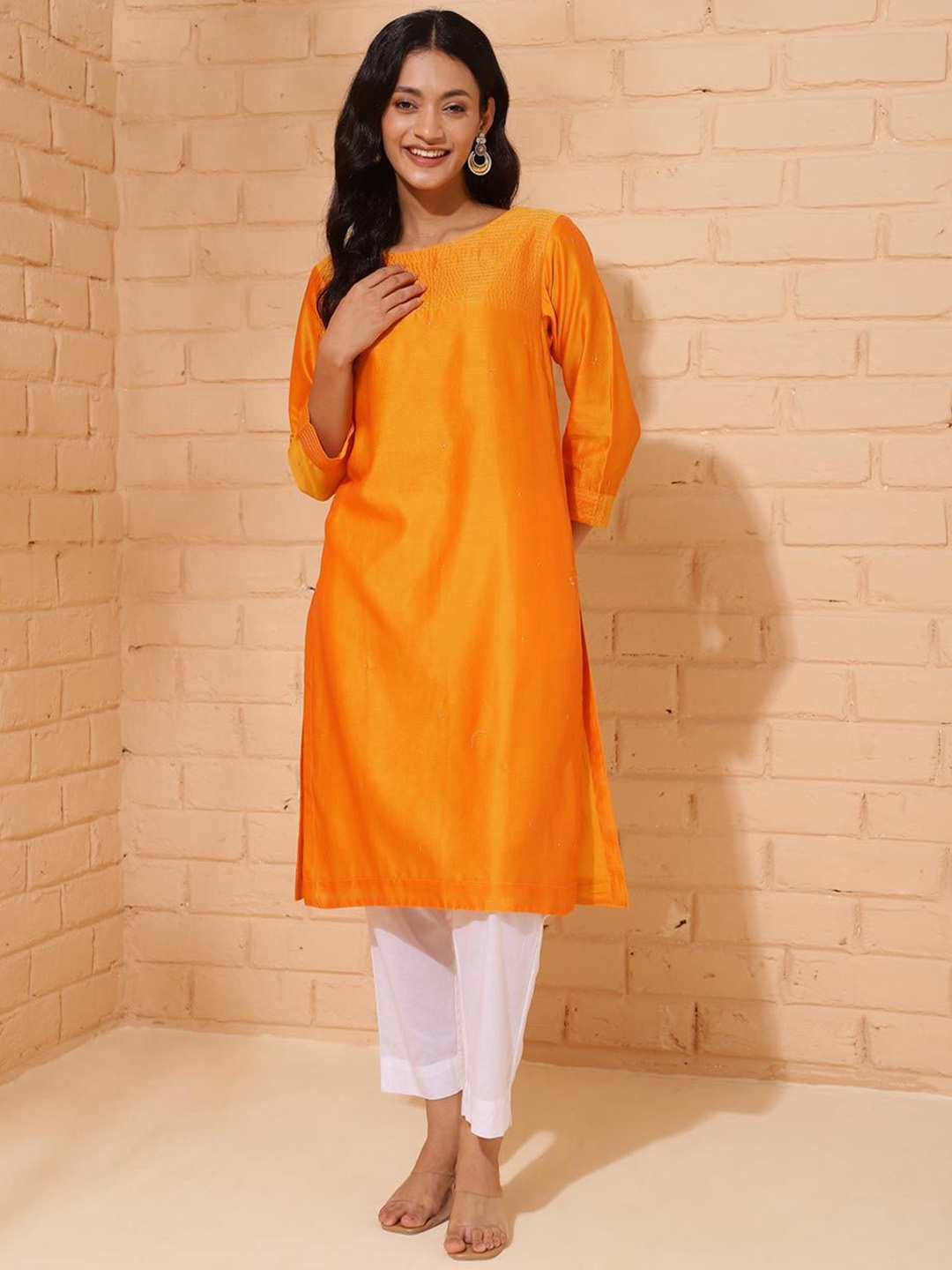 

Fabindia Boat Neck Cotton Silk Straight Kurta, Yellow