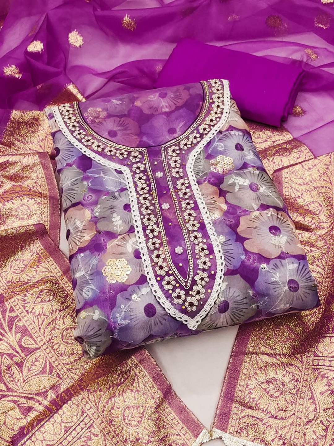 

ASISA Ethnic Motifs Embroidered Beads and Stones Organza Unstitched Dress Material, Purple