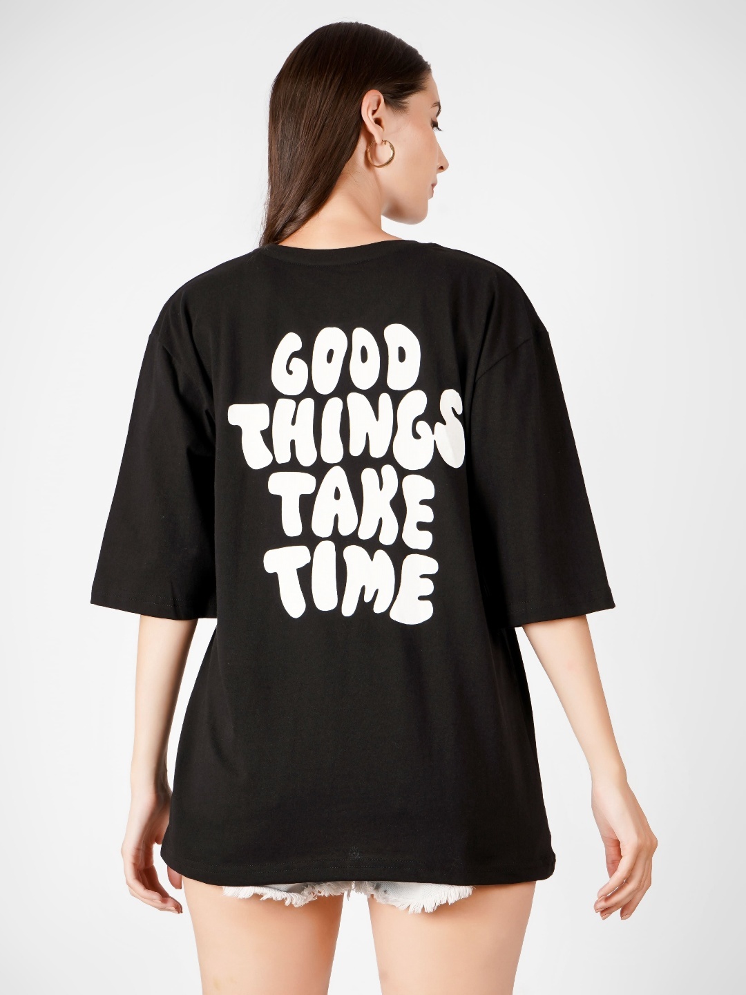 

MIMID Women Typography Printed Round Neck Cotton Oversized T-shirt, Black