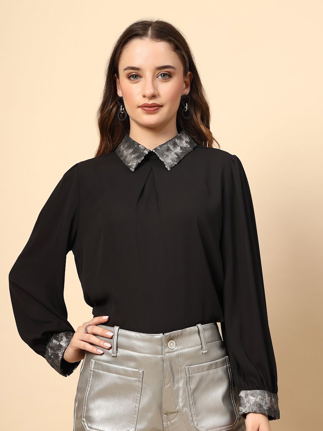 

Gipsy Women Solid Shirt Collar Top, Black