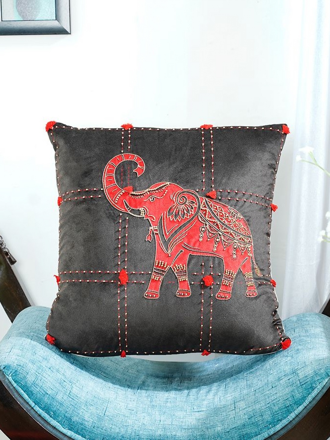 

Mid July Home Black & Red The Majestic Elephant Embroidered Square Cushion Cover