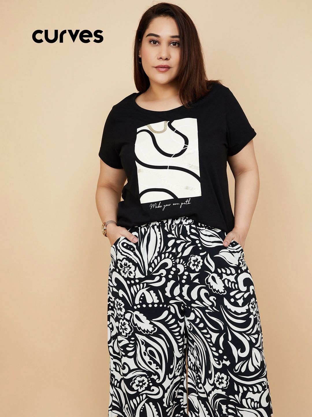 

max Women Graphic Printed Round Neck Cotton T-shirt, Black