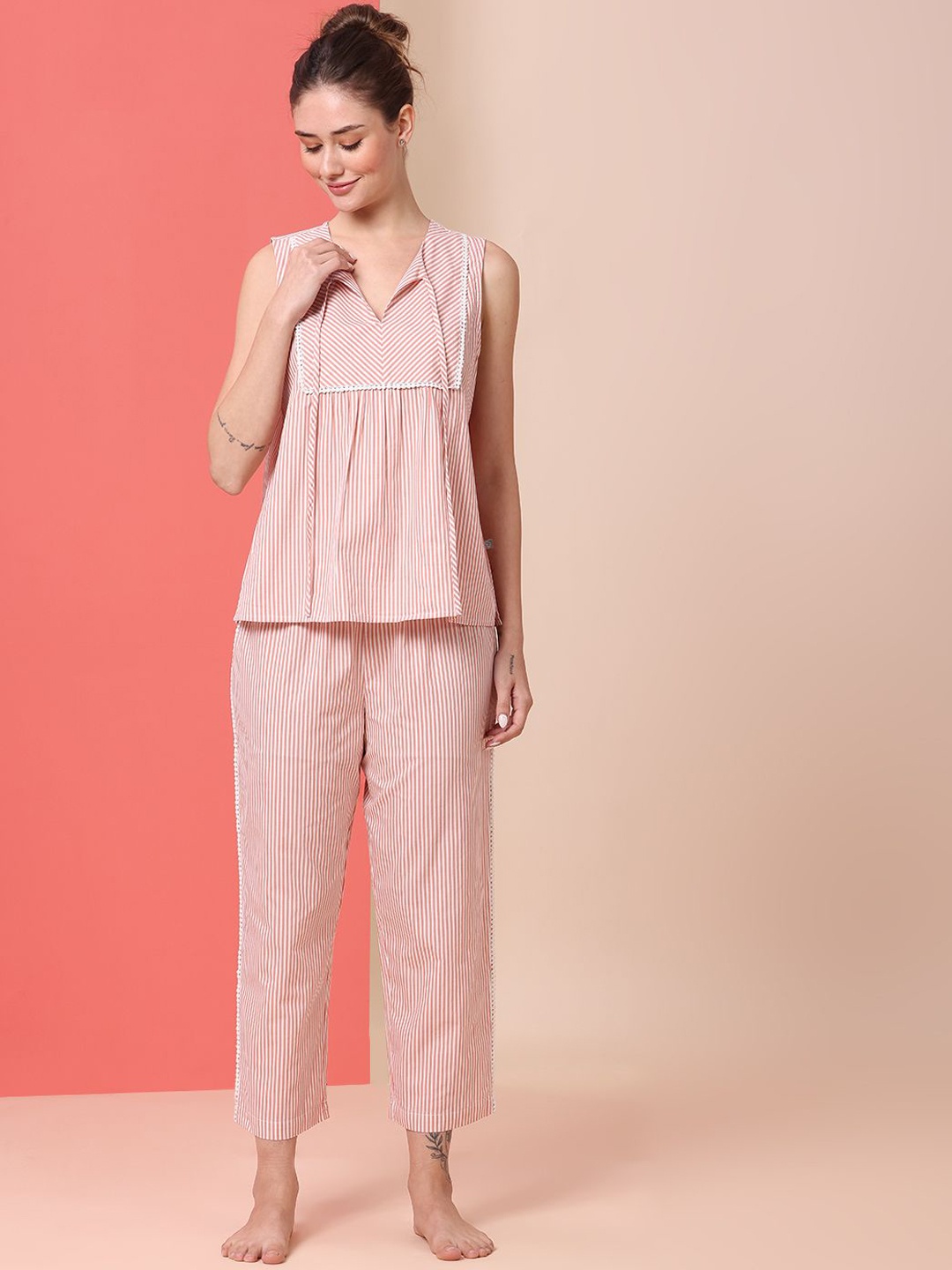 

Chemistry Women Striped Pure Cotton Night suit, Rust