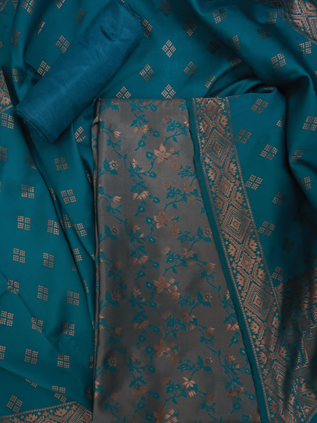 

Jaipur Kurti Floral Silk Zari Woven Dress Material with Dupatta, Teal