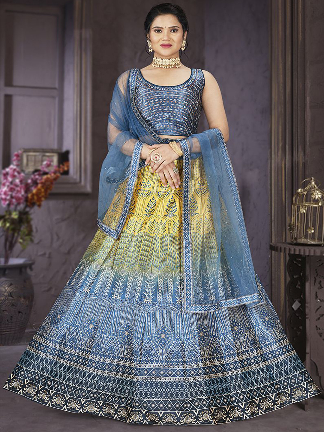 

Krimmple Printed Thread Work Ready to Wear Lehenga & Blouse With Dupatta, Grey