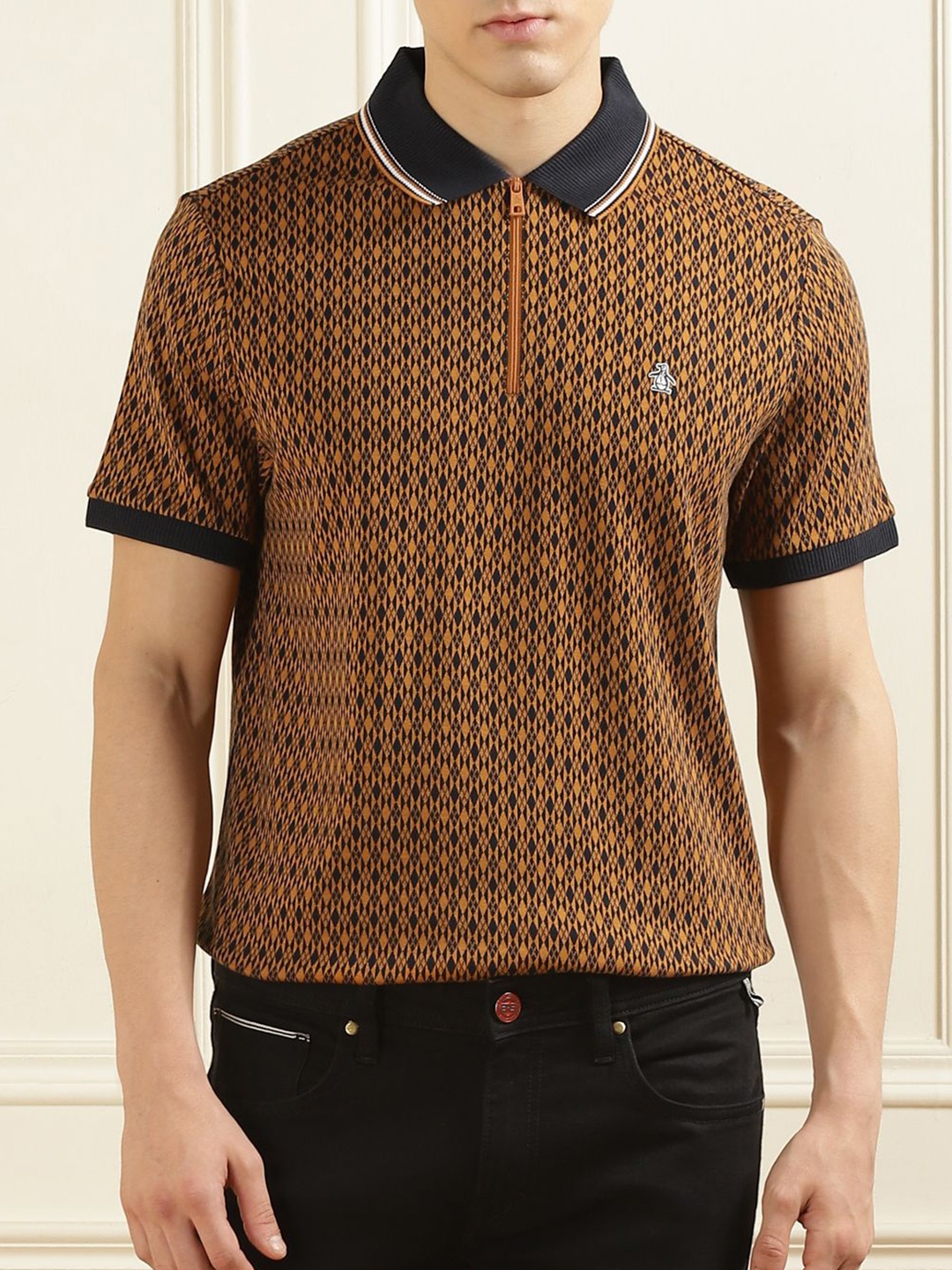 

Original Penguin Men Abstract Printed Polo Collar Cotton Slim Fit T-shirt, Rust