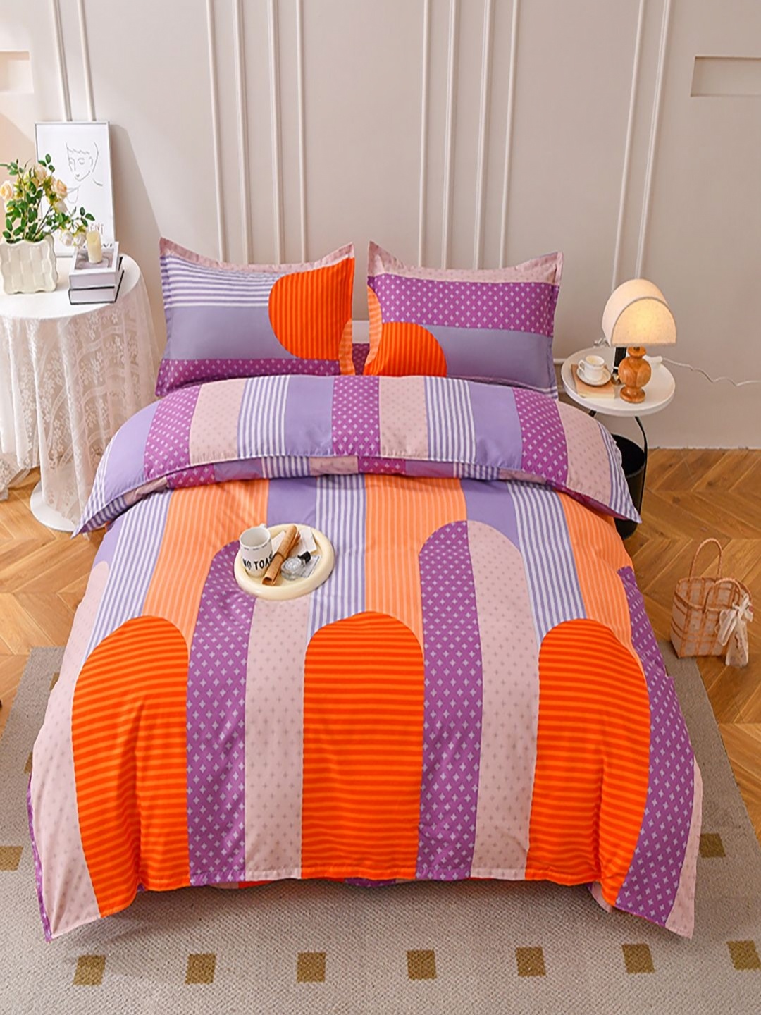 

JC HOME Purple & Orange Geometric Polycotton 3 Piece Single Regular Bedding Set