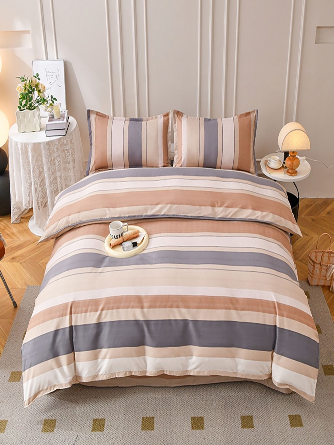 

JC HOME White & Grey Striped Single Regular Bedding Set