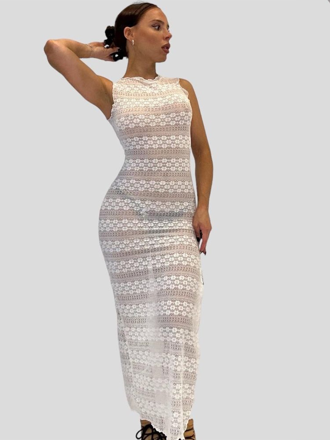 

LULU & SKY Self Design Maxi Dress With Side Slit, White