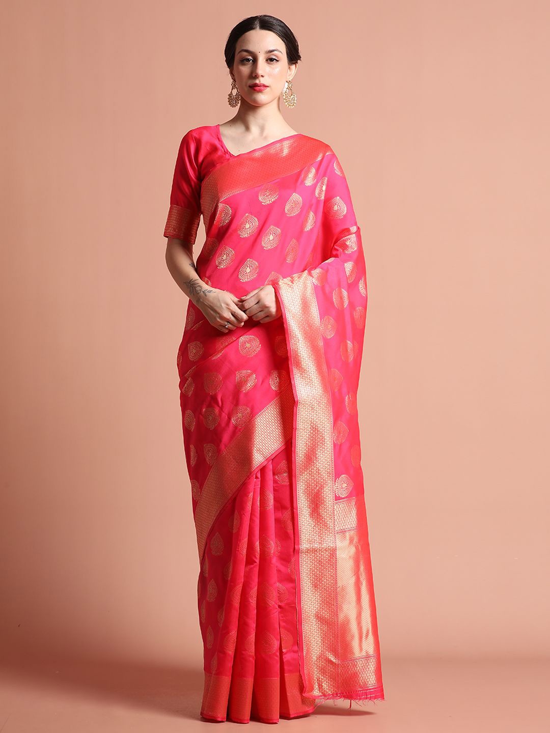

Jaipur Kurti Zari Woven Design Silk Banarasi Saree, Pink