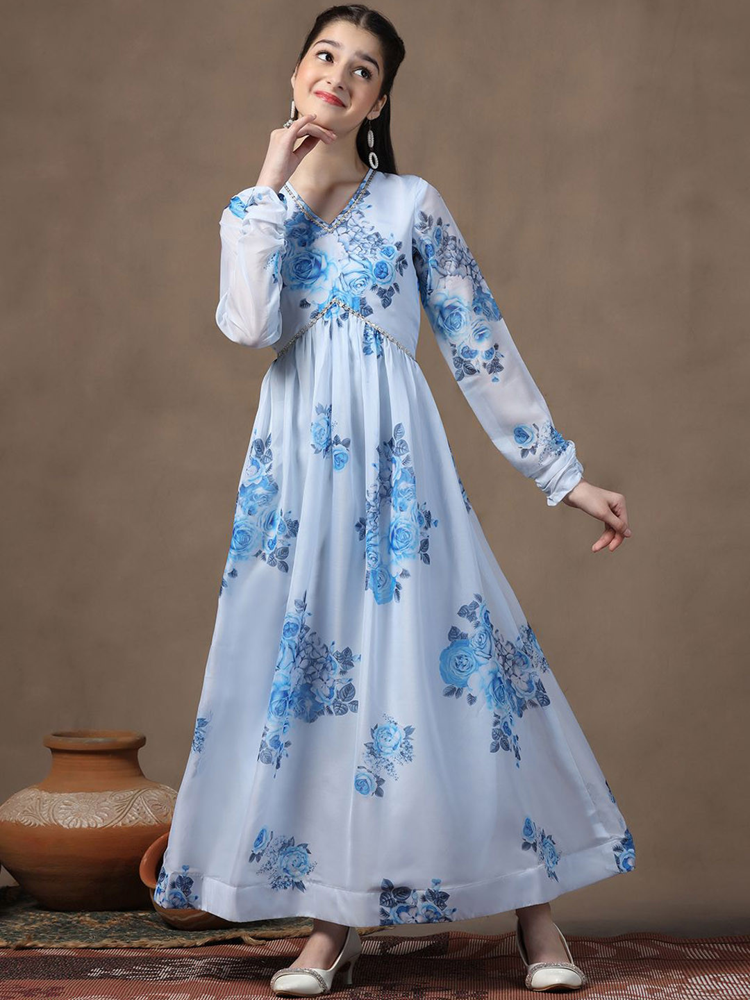 

BAESD Girls Floral Printed Fit & Flare Maxi Ethnic Dresses, Blue