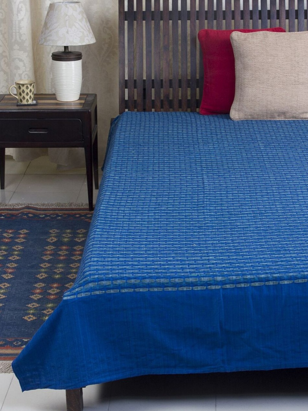 

Fabindia Indigo Deepali Blue & Green Checked Deepali Cotton King Bed Cover