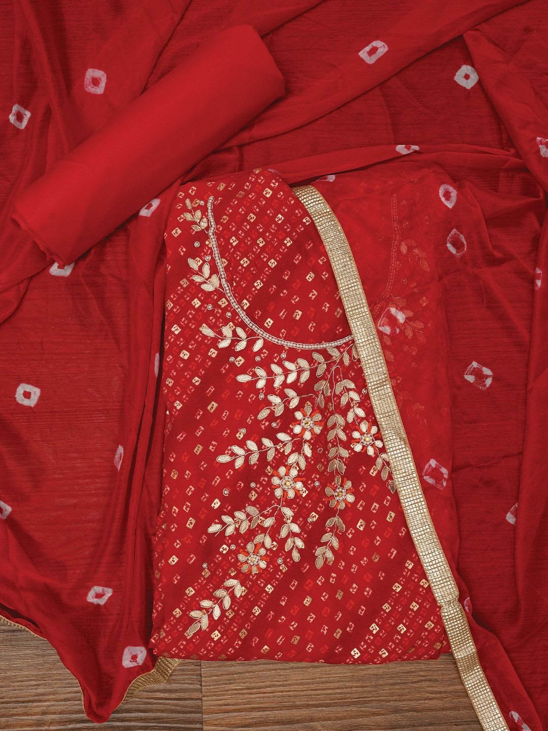 

Jaipur Kurti Unstitched Cotton Bandhani Printed Dress Material With Dupatta, Red
