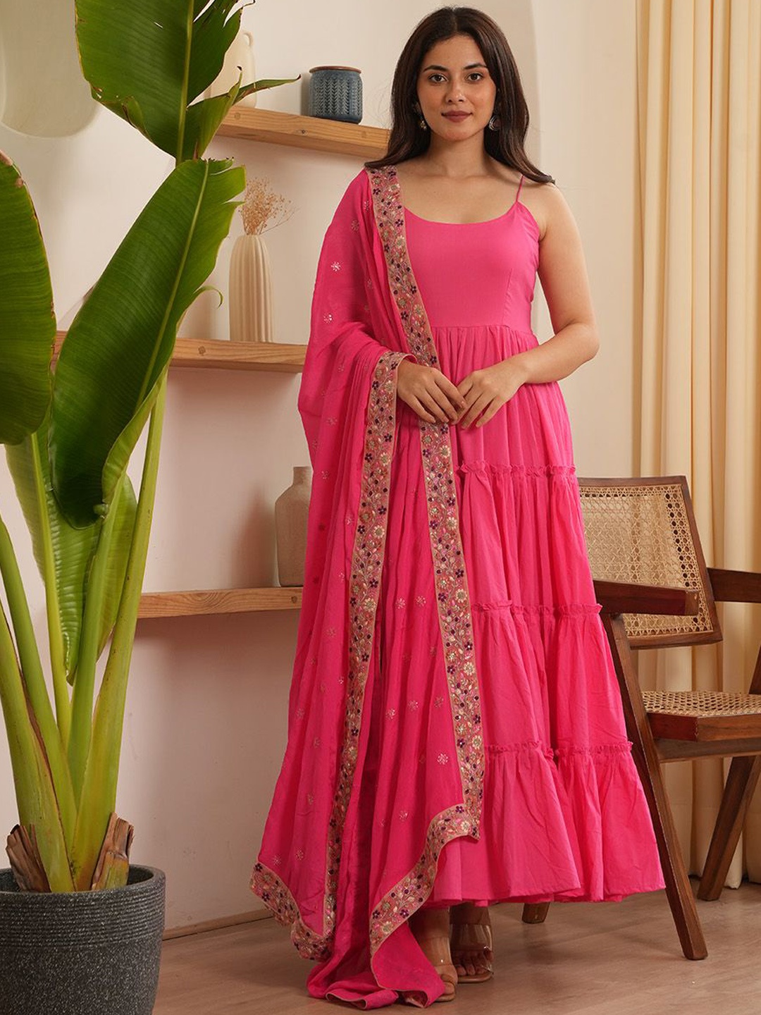 

OneWe Ariel Shoulder Straps Pleated Pure Cotton Anarkali Kurta With Churidar & Dupatta, Pink