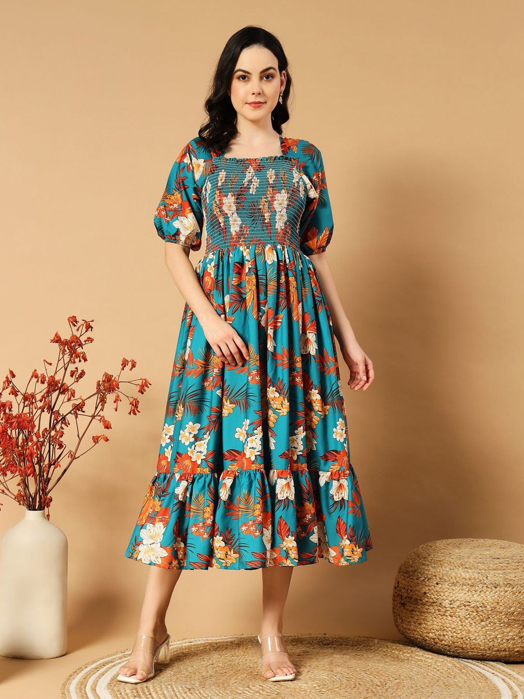 

OTABU Floral Printed Square Neck Puff Sleeve Fit and Flare Midi Dress, Orange