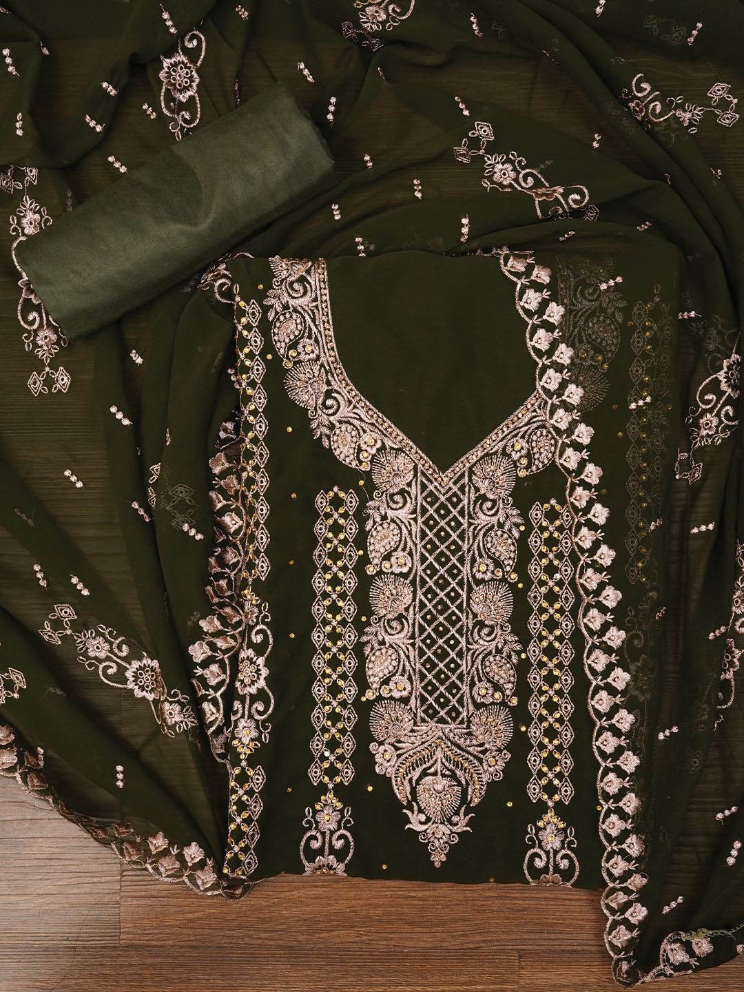 

Jaipur Kurti Zari Silk Georgette Dress Material with Dupatta, Olive
