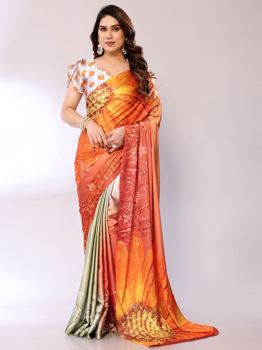 

FABMORA Floral Satin Saree, Orange
