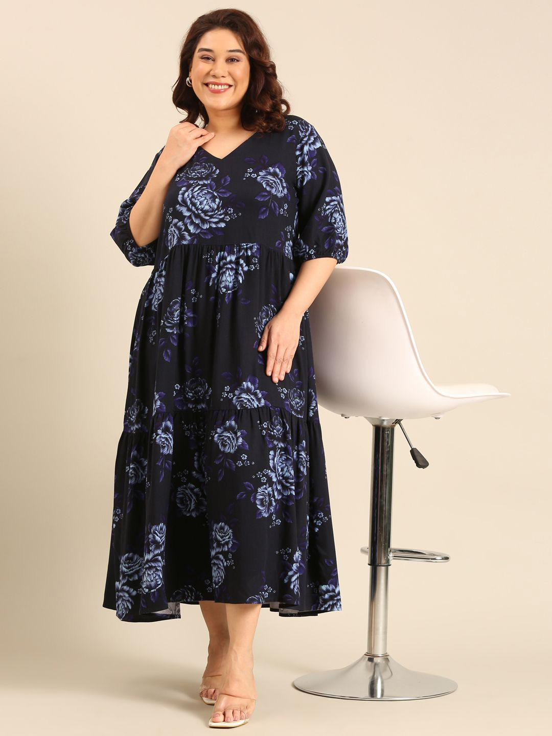 

The Pink Moon Plus Size Floral Printed Maxi Dress, Navy blue