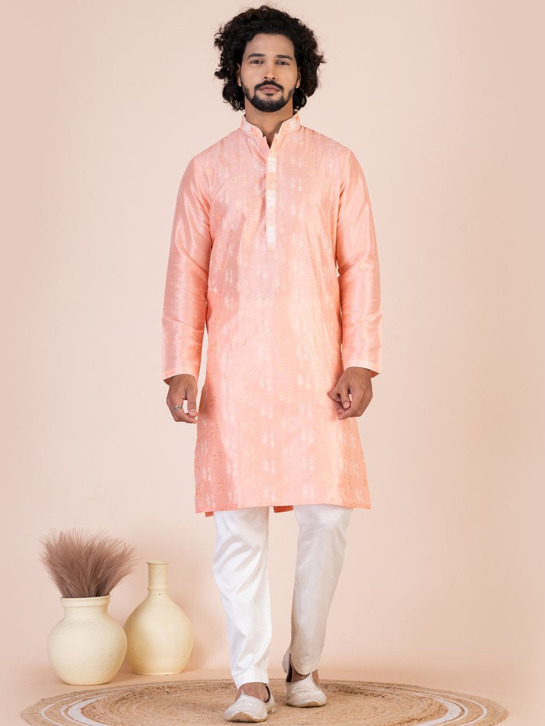 

HU - Handcrafted Uniquely Tribal Embroidered Mandarin Collar Cotton Silk Straight Kurta, Peach